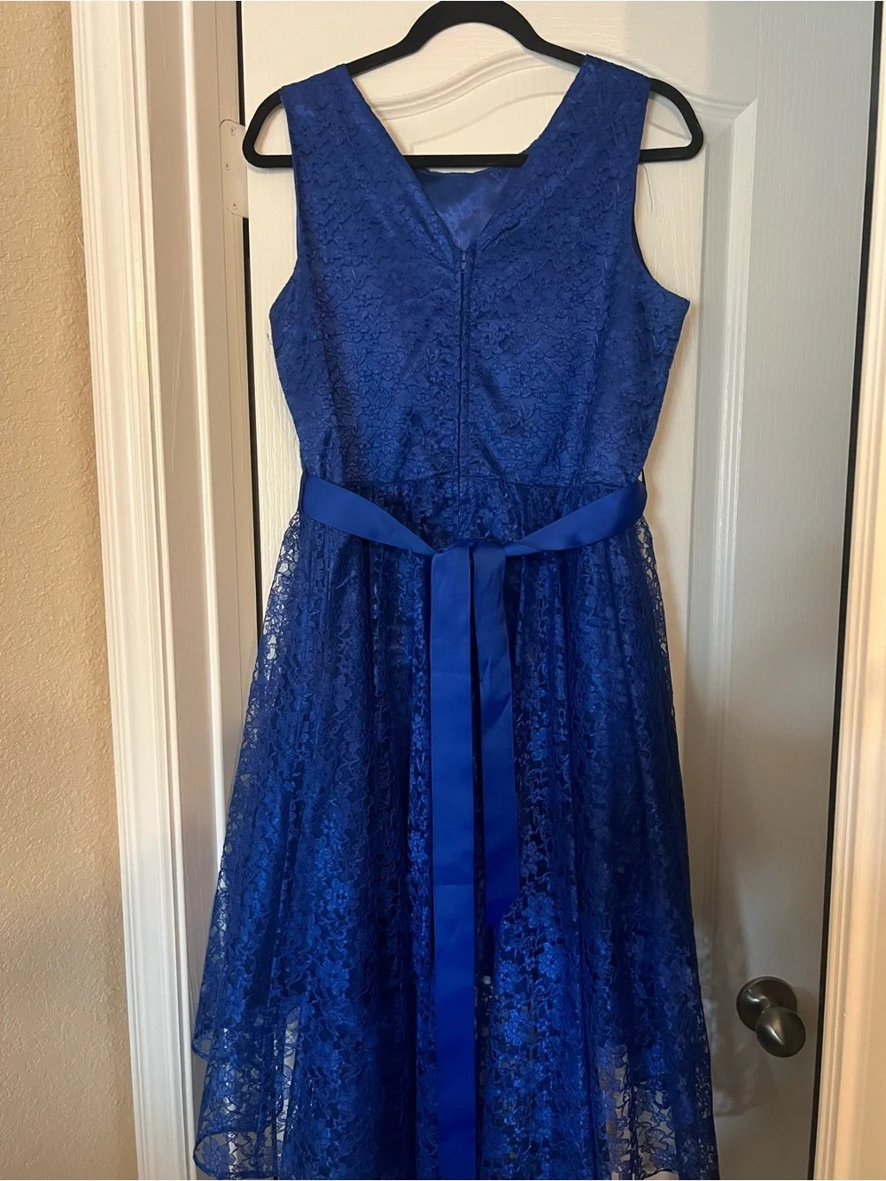 Girls Royal Blue Lace High-Low Party Dress with Jeweled Waist